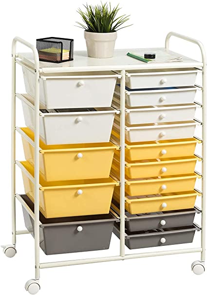 15 Drawer Rolling Storage Cart, Mobile Utility Cart with Lockable Wheels, Drawers, Multipurpose Organizer Cart for Home, Office, School, Yellow