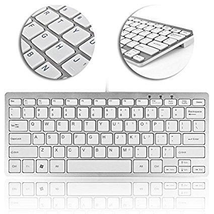 TNP USB Mini Keyboard (Metallic Silver / White) Ultra Slim Portable Wired 78 Keys with Built-in Cable for PC Mac Notebook Laptop Netbook PS3 PS4 Xbox 360 One Windows 10 8 7 XP Vista