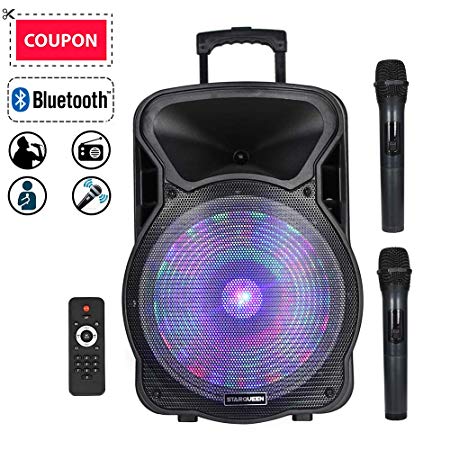 STARQUEEN 15" Portable Bluetooth Speaker, Rechargeabl PA System with 2 Wireless Microphones/Remote Control/LED Party Lights, AUX/USB/TF Input/FM Radio/Holes for Tripod Stand, Karaoke Amplifier System