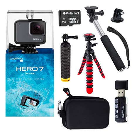 GoPro Hero7 Silver Bundle with Handheld Monopod, 12" Flexi-Tripod, Float Handle, Camera Case, Memory Card Reader, Tripod Adapter, and 8GB MicroSDHC Memory Card