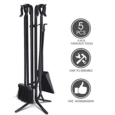 COSTWAY 5 Piece Fire Tools Set, Iron Fireplace Fireside Companion Brush, Poker, Shovel and Tong (Black)