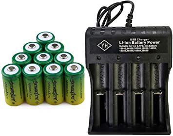 10 PCS 3.7V 1800mAh Li-ion 16340 Battery CR123A Rechargeable Batteries & 1 PCS 4 Slots USB Universal Smart Battery Rechargeable Charger for Alro or LED Flashlight Torch Headlamp