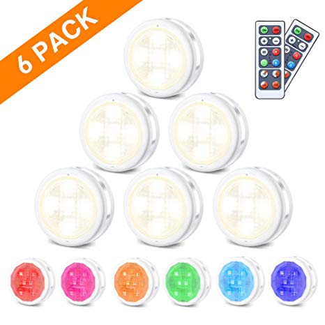 Under Cabinet Lights SOLMORE 6 Pcs LED Cupboard Lighting Night Lights RGBWW Battery Powered Puck Light Timer Dimmable Colorful Party Atmosphere Light for Kitchen Closet Counter Wall Indoor with Remote