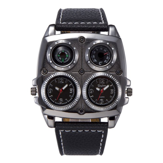 Aposon Mens Unique Analog Dual Time Quartz Watch with Compass and Thermometer Big Case Punk Design - Black