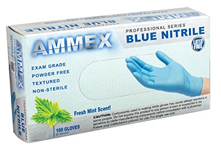 AMMEX - MNPF46100 - Nitrile Gloves - Medical Grade, Powder Free, Latex Rubber Free, Disposable, Non Sterile, 4 Mil, Mint Scented, Exam Gloves, Food Safe, Textured, Blue, Large(Case of 400)