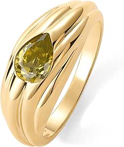 PAVOI 14K Gold Plated Chunky Colored Gemstones Statement Ring for Women | Blue Pink Green Pear Cubic Zirconia Stackable Wave Texture Bands