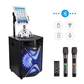 Portable Wireless PA Speaker System with 10'' Subwoofer Bluetooth Karaoke Machine, Disco Ball, 2 UHF Wireless Microphones, Phone/Tablet Holder, Ideal for Party, Performance, Outdoor&Indoor Activities