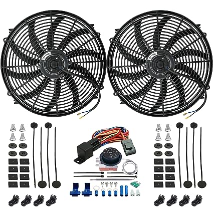 American Volt Dual 16-17 Inch 130w High CFM Motor Electric Radiator Cooling Fan Adjustable Thermostat Switch Controller Wiring Kit