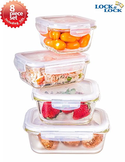 Lock & Lock Euro Borosilicate Glass Food Container Set, Clear (8-Piece) with Gift Box