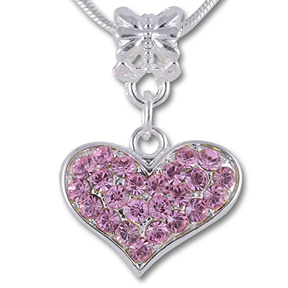 SmitCo LLC Heart Necklace For Girls, Silver Tone Pendant Necklace with Pink Rhinestones