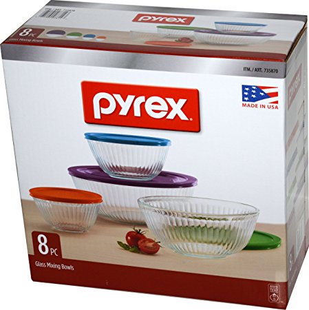 Pyrex 8 Piece Ribbed Bowl (4) Set Including Assorted Colored Locking Lids (Ribbed)