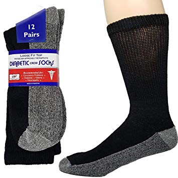 Debra Weitzner Diabetic Socks Mens Womens Non-Binding Cushion Socks Reinforced Heel Cotton 12 Pack Crew Black/Black Sole 13-15