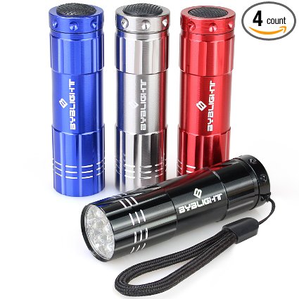Pack of 4 BYB Super Bright 9 LED Mini Aluminum Flashlight with Lanyard Assorted Colors Batteries Not Included Best Tools for Camping Hiking Hunting Backpacking Fishing and BBQ