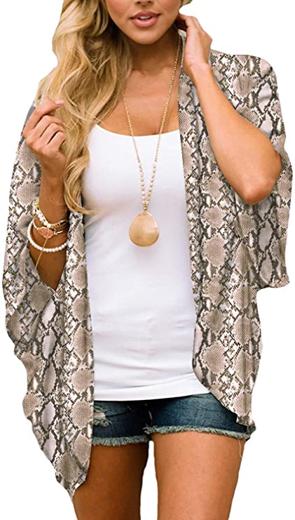 Women's Floral Print Puff Sleeve Kimono Cardigan Loose Cover Up Casual Blouse Tops