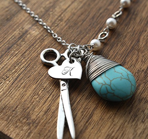Personalized Initial Hairdresser Necklace Stainless Steel Scissors Charm Wire Wrapped Turquoise Stone 18 in Chain Hair Stylist Necklace