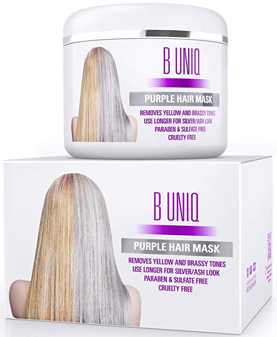 Purple Hair Mask for Blonde, Platinum and Silver Hair - B Uniq Blue Masque to Reduce Brassiness and Condition Dry, Damaged Hair - Sulfate-Free Toner (7.27Fl.oz/ 215millilitre)