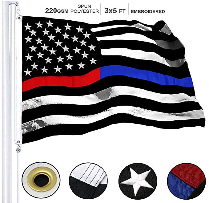 G128 - Thin Blue Line Police & Thin Red Line Firefighter Heavy Duty 220GSM Tough Spun Polyester Embroidered 3x5ft US American Flag Brass Grommets Honoring Law Enforcement Officers First Responder