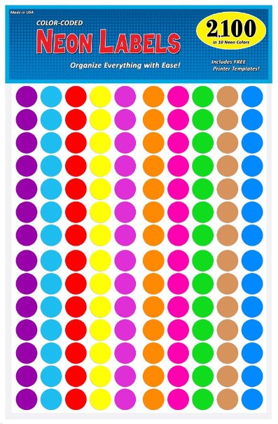 Pack of 2100 3/4" Round Color Coding Circle Dot Labels, 10 Bright Neon Colors, 8 1/2" x 11" Sheet, Fits Any Printer