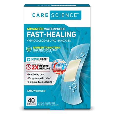 Care Science Fast-Healing Waterproof Hydrocolloid Gel Pad Bandages.75 in x 3 in, 40 ct | 100% Waterproof Seal, 2X Faster Healing, Barrier to Bacteria, for Blisters or Wound Care
