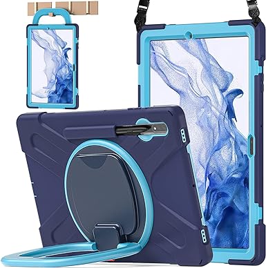 BATYUE Case for Galaxy Tab S8 Plus 2022, S7 FE 2021, S7 Plus 2020 12.4" inch, with Pen Holder Hand Shoulder Strap Kickstand, Case for SM-X800/X806/T730/T733/T736/T738/T970/T975/T976 (Navy Blue)