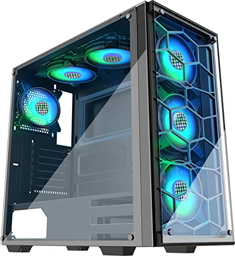 MUSETEX Phantom Black ATX Mid-Tower Case, 6 RGB Fans USB3.0 2 Tempered Glass Panels, Gaming PC Case Computer Chassis 907-N6