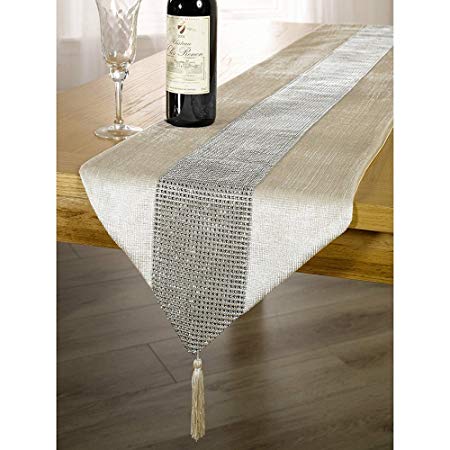 OZXCHIXU TM 13inch x 72inch Table Runner with Diamante Strip and Tassels (Beige)