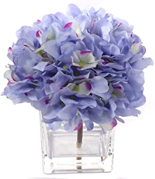 Larksilk Artificial Hydrangea Flower Arrangement Set in Vase | Gorgeous Blue Silk French Mophead Hortensia Hydrangea Bush with Pink Highlights