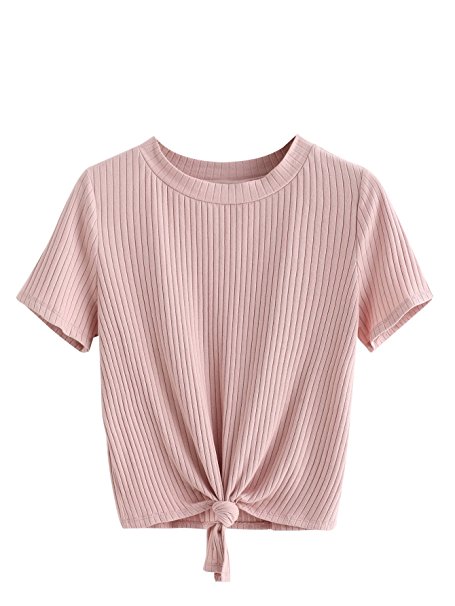 Romwe Women's Cute Sweet Knot Front Solid Ribbed Tee Crop Top Blouse Tshirt