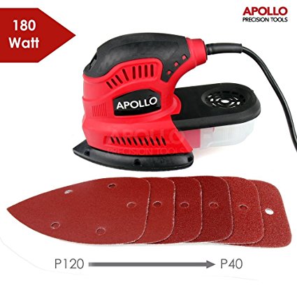 Apollo 180W Palm Detail Mouse Sander Power Tool With Dust Collector & 6 Piece Mixed Velcro Backed Sand Paper Kit