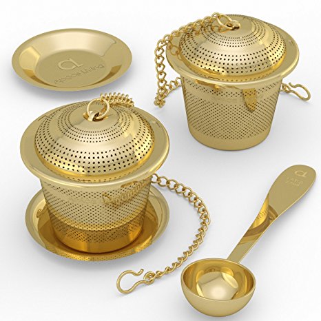 Apace Large Tea Infuser (Set of 2) with Tea Scoop and Drip Trays – Multi Cup Size Stainless Steel Loose Leaf Tea Strainer and Steeper