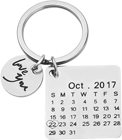 Personalized Special Date Calendar Keychain - Customized Stainless Steel Key Chain with Date and Name Carving, Creative Gifts for Lover (Silver-2)