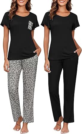 Ekouaer 2 Pack Womens Pajama Sets Short Sleeve with Long Pajama Pant Set Soft Sleepwear Printed Pj Lounge Sets with Pockets