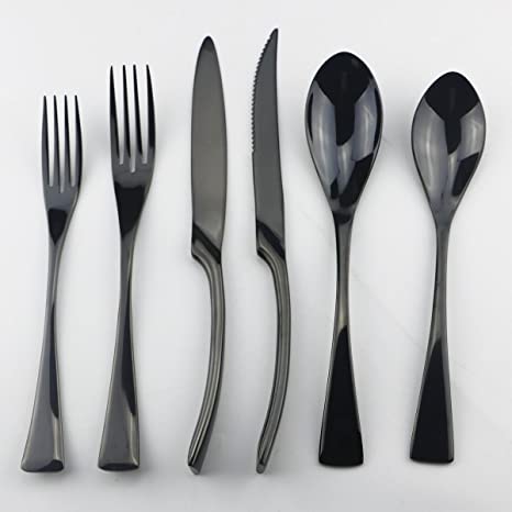 Uniturcky Stainless Steel Mirror Polished Flatware Set, Steak Knife Dinnerware Knife Fork Salad Fork Dessert Spoon 6-piece, Service for 1, Black