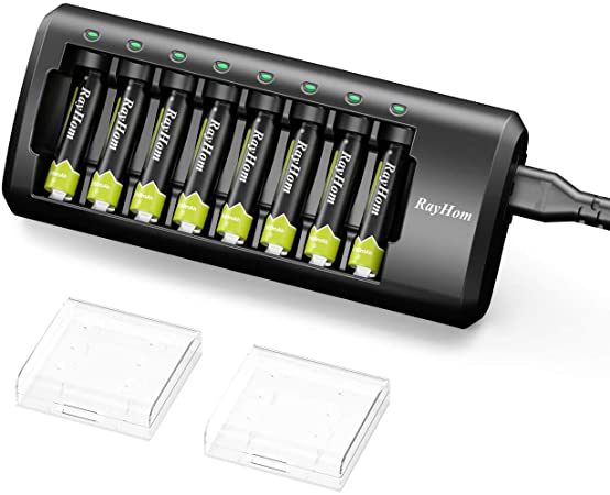 RayHom Batteries Charger Included 8 * 1100mAh AAA Rechargeable Batteries - Upgraded Stable Portable 8 Bay Battery Charger for AA AAA Ni-MH Ni-Cd Rechargeable Batteries
