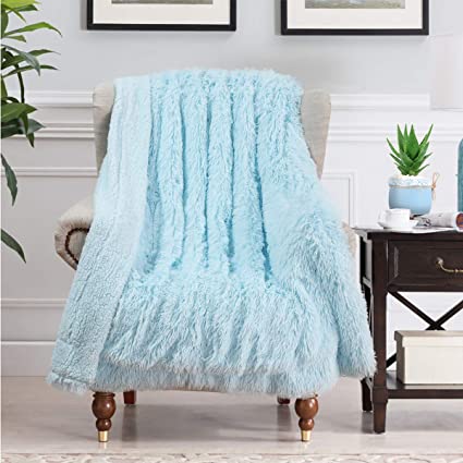 Super Soft Shaggy Warm Plush Throw Blanket Fluffy Long Faux Fur Decorative Blankets for Couch Bed Chair Photo Props Light Blue(51"x63")