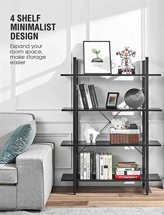 ORAF Bookshelf 4 Tier Ladder Bookcase, Industrial Shelving Multipurpose Shelf Organizer, Open Metal Wood Storage Cabinet Home Office Furniture（Retro Black）