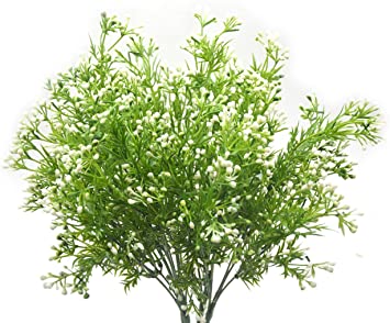 Artificial Fake Flowers Plants, 4pcs Outdoor UV Resistant Faux Green Greenery Fake Plastic Flowers Shrubs Plants Indoor Outside Hanging Planter Home Garden Wedding Décor (White)