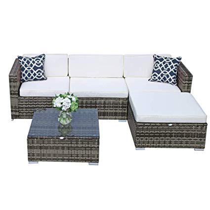 OC Orange-Casual 5-Piece Set Outdoor Furniture Sectional Sofa & Chair All-Weather Wicker with Seat Cushions & Coffee Table with Glass Top | Patio, Backyard, Pool