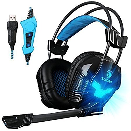 JATA SADES A30S Updated Bass Vibration Mode USB Gaming Headset Over-Ear Headphones with Microphone Volume Control Noise Isolating LED Lights for PC MAC Gamers(Black)