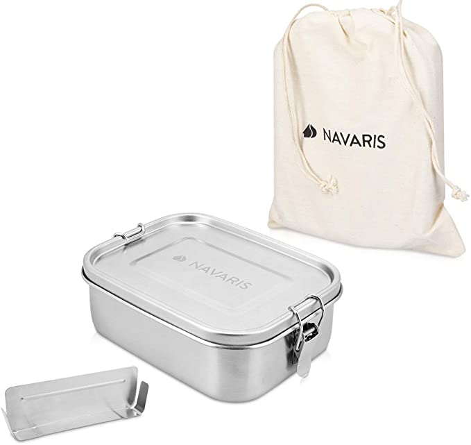 Navaris Steel Lunch Box with Divider - 800ml Stainless Steel Sandwich, Snack, Lunch, Food Storage Container - Leakproof Bento Box with Divider, Bag