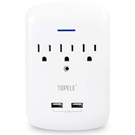 TOPELE Multi 3-AC Outlets Surge Protector, 3-Prong USB Wall Mount Outlet Power Plug Extender Charger with 2 USB Charging Ports (3.1A), 1200J/125V, Wall Tap Design, White, ETL Listed