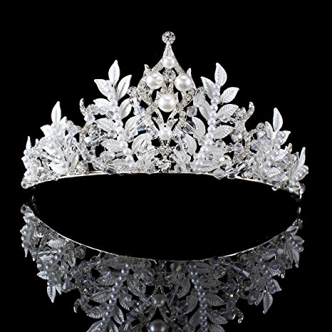 FUMUD Beauty Hair Tiara Princess Rhinestone Crystal Pearl Leaf Crown Bridal Crown Hairband Tiara for Wedding Party