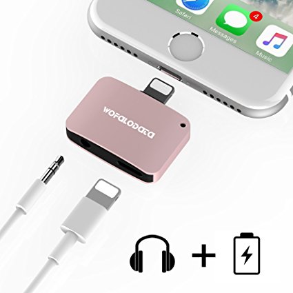 2 in 1 Lightning Adapter for iPhone 7/7 Plus,Wofalodata 2nd Generation Lightning to Aux 3.5mm Audio Headphone and Charge Cable Splitter Compatible for iOS 10.3-Rose