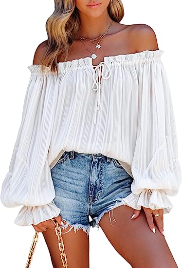 Asvivid Women's Sexy Striped Off Shoulder Ruffle Drawstring Long Sleeve Blouses Casual Chiffon Shirt Top