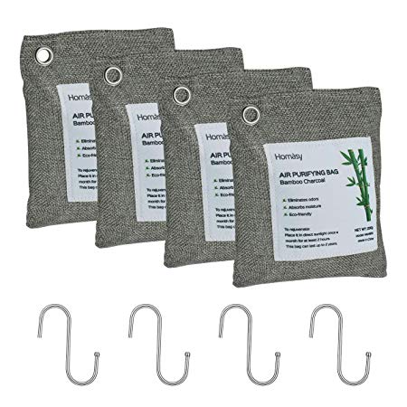 Bamboo Charcoal Air Purifying Bag (4 Pack Come with 4 Hooks), 200g Natural Air Purifying Bags, Activated Charcoal Odor Eliminators Charcoal Bags, Home and Car Air Purifier, Closet Freshener