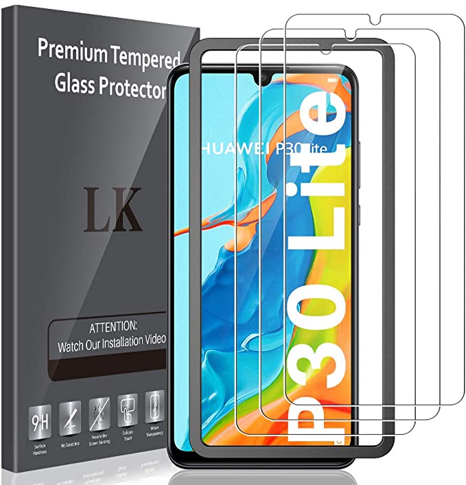 LK [3 Pack] Screen Protector for Huawei P30 Lite, [Tempered Glass][Case Friendly] Double Defence [Alignment Frame Easy Installation]