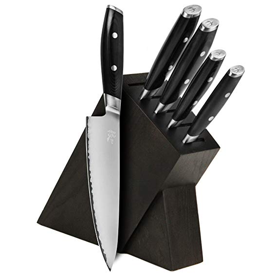 Yaxell Mon 6-piece Knife Set - Made in Japan - VG10 Stainless Steel Knives with Slim Dark Ash Wood Block