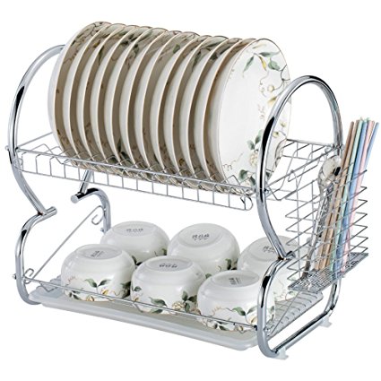 Dtemple 2-Tier Stainless Steel Dish Drying Rack Kitchen Cup Tray Cutlery Dish Drainer with Drain Board 17.2" x 14.8" x 9.8” (US STOCK)