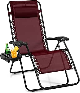 Giantex Zero Gravity Reclining Chair, Outdoor Patio Recliner with Cup Holder & Removable Pillow, Adjustable Backrest, Indoor Lounge Chair for Backyard, Garden, Poolside (Burgundy)