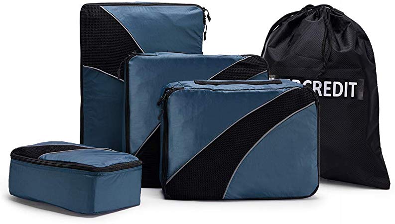 Ecredit Travel Organizers Packing Cubes with Laundry Bag Lightweight Luggage Storage Cube Set for Men Women (Navy Blue with Laundry Bag)
